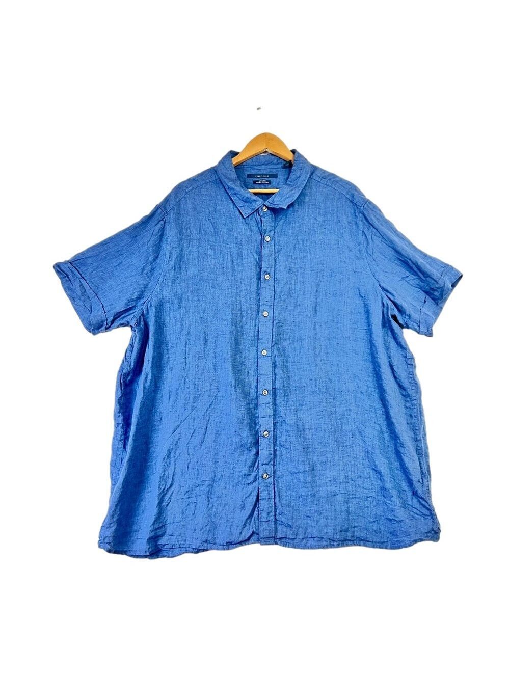 Perry Ellis 100% Linen Shirt Short Sleeve Button Up Blue Size 3X Pretty Beach